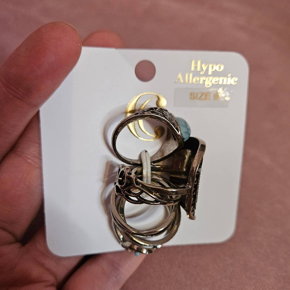 Charming Charlie Silver-Tone Mixed Metal & Faux Turquoise Light Ring Set Size 9 - Picture 3 of 8